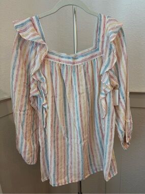 Chaps Pastel Multi-Stripe Ruffle Square-Neck Blouse